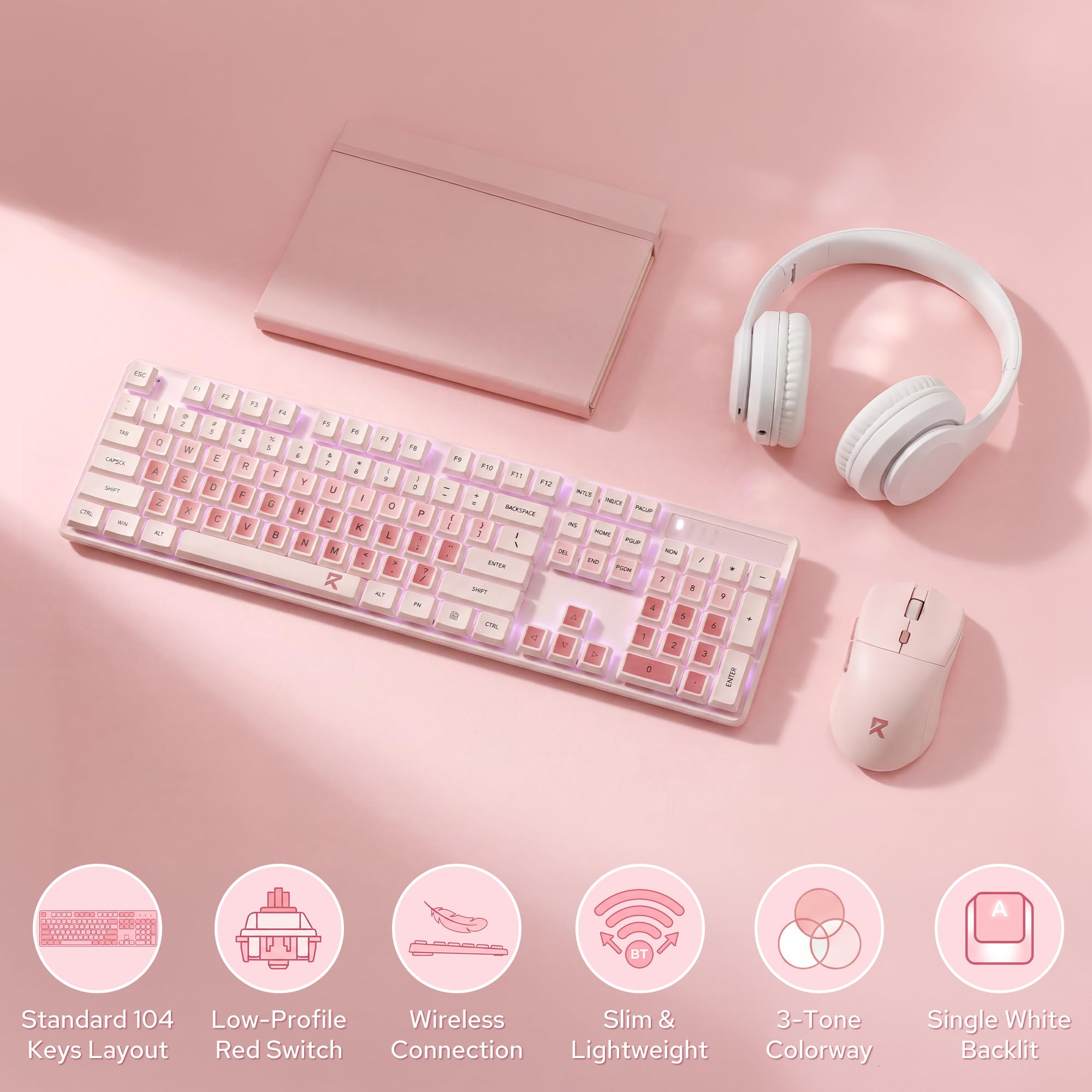 Redragon BS8531 Combo Teclado Ratón Inalámbrico 4000 dpi Rosa | Teclas Planas Mecánicas LED Blanco 3 Tonos Diseño Ergonómico Conexión 2.4 GHz