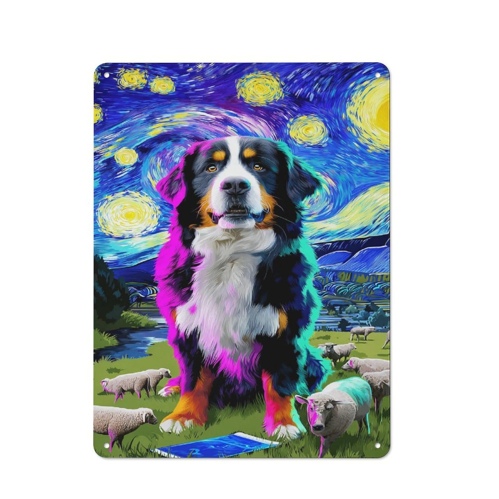 Junmoney Starry Night Dog With Sheep -1 Rustic Metal Wall Decor 40X30cm, Decorative Tin Sign For Farmhouse Kitchen, Pantry Or Dining Area