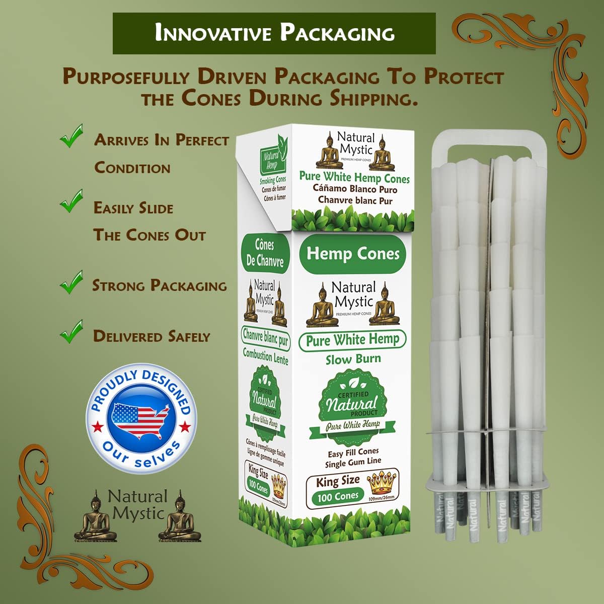 Pre Rolled Cones King Size - White Rolling Papers With Filter Tips Natural Mystic 100 Pack Prerolled Cones Preroll Pre Roll Cone Classic Cigarette Paper Zig Pre-Rolled Tip