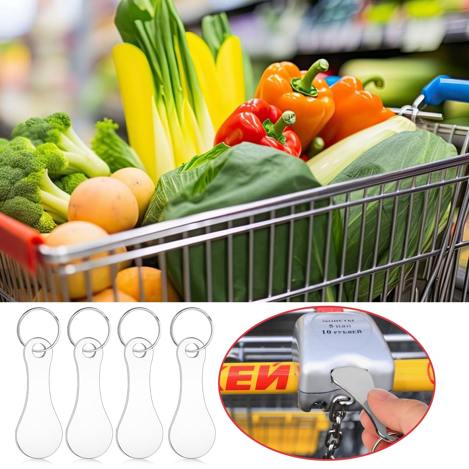 Porte-clés Chariot Acier Inoxydable Lot 6 Jetons Chariot Courses Acier Inoxydable - Porte-clés Remplacement Pièce 55mm Argenté Jeton Courses Argenté