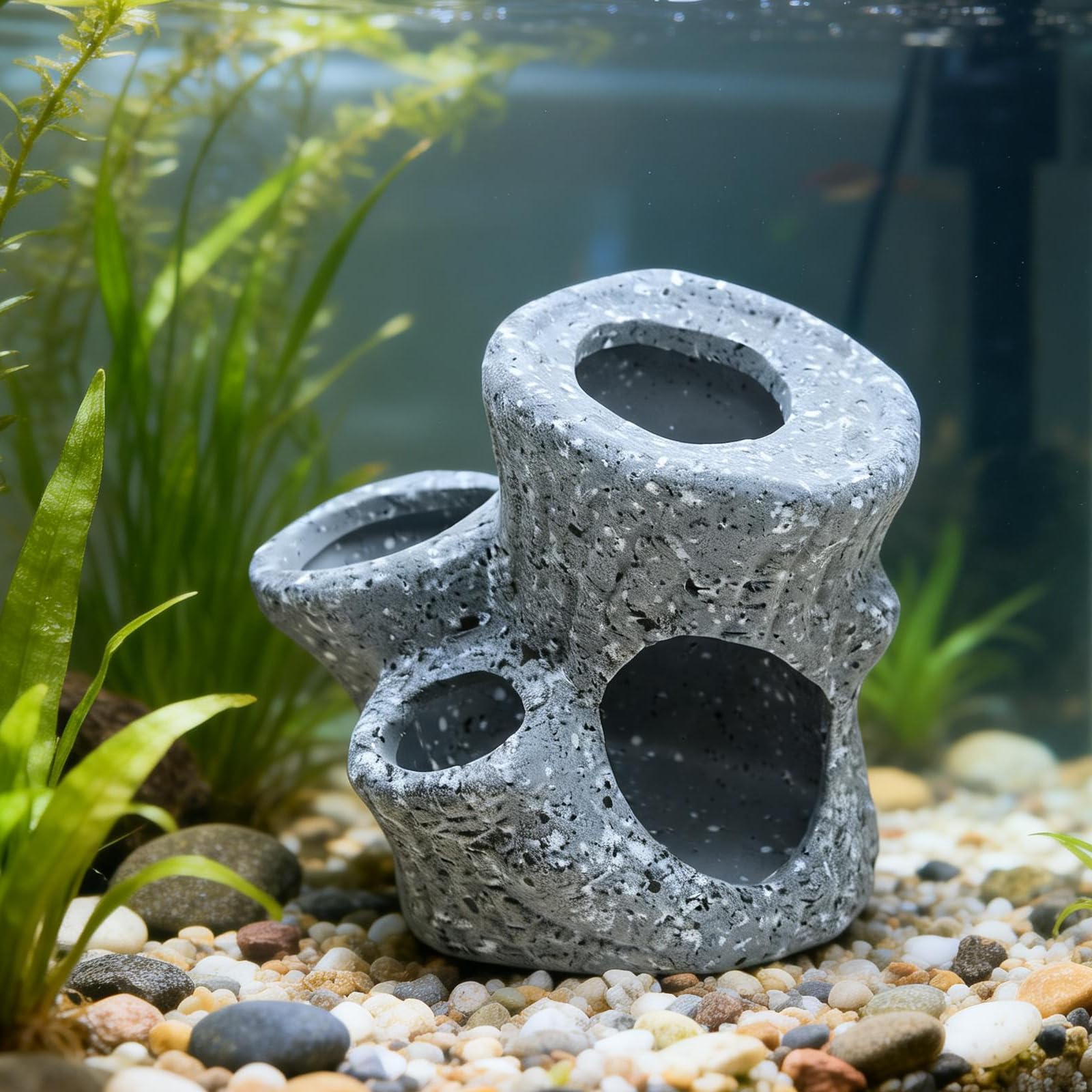 MC MEICHUANG Ceramic Aquarium Cave Rock – 3-Hole Fish Tank Hideout for Cichlid, Shrimp & Small Fish – Natural Stone-Look Breeding Cave Decoration