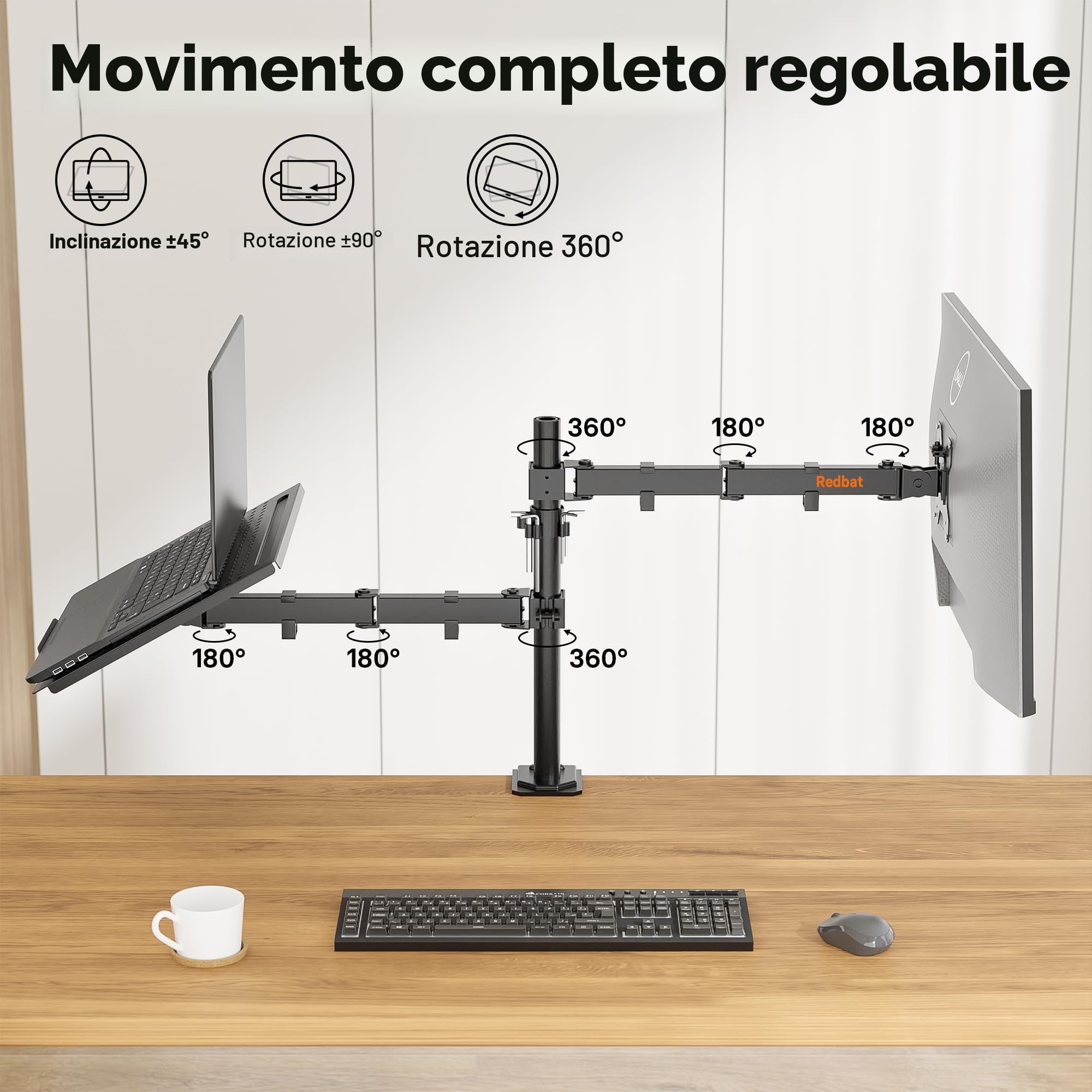 Redbat Supporto Monitor Braccio Display con Vassoio per Doppio Schermo Laptop (max 16'') e LED LCD da 13 a 32 Pollici (max 8 kg), Inclinazione, Rotazione, 2 Opzioni di Installazione