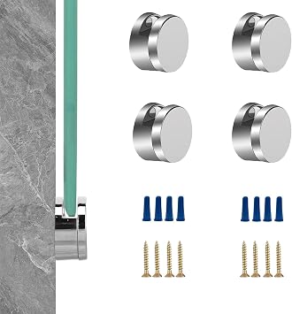 Frameless Mirror Mounting Hardware Kit Zinc Alloy Mirror Holder Clips Round Shape Dual-Screw Fixing Mirror Glass Hanging Bracket with Screws and Anchors Fit for 3-5mm Thickness Silver, Set of 4