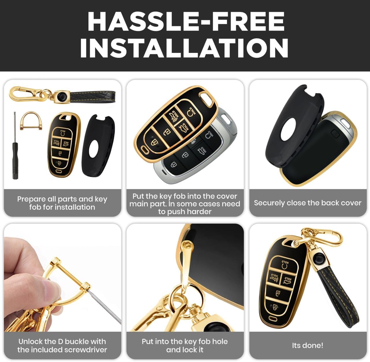 Lucrum Compatible with Hyundai Key Fob Cover & Leather Keychain, Keyfob Case for Santa Fe, Sonata, Tucson, Grandeur, Ioniq 5, Palisade, Nexo - For 5 Button Remote (2019-2025) - Black and Gold - Image 6