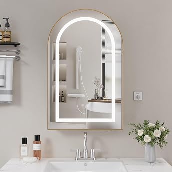 Bathroom Mirror Cabinet with Lighting Anti-Fog Mirror & Adjustable Shelves - 3 Space-Saving Bathroom Storage Hair Dryer Holder 3-Colour Illuminated White & Gold