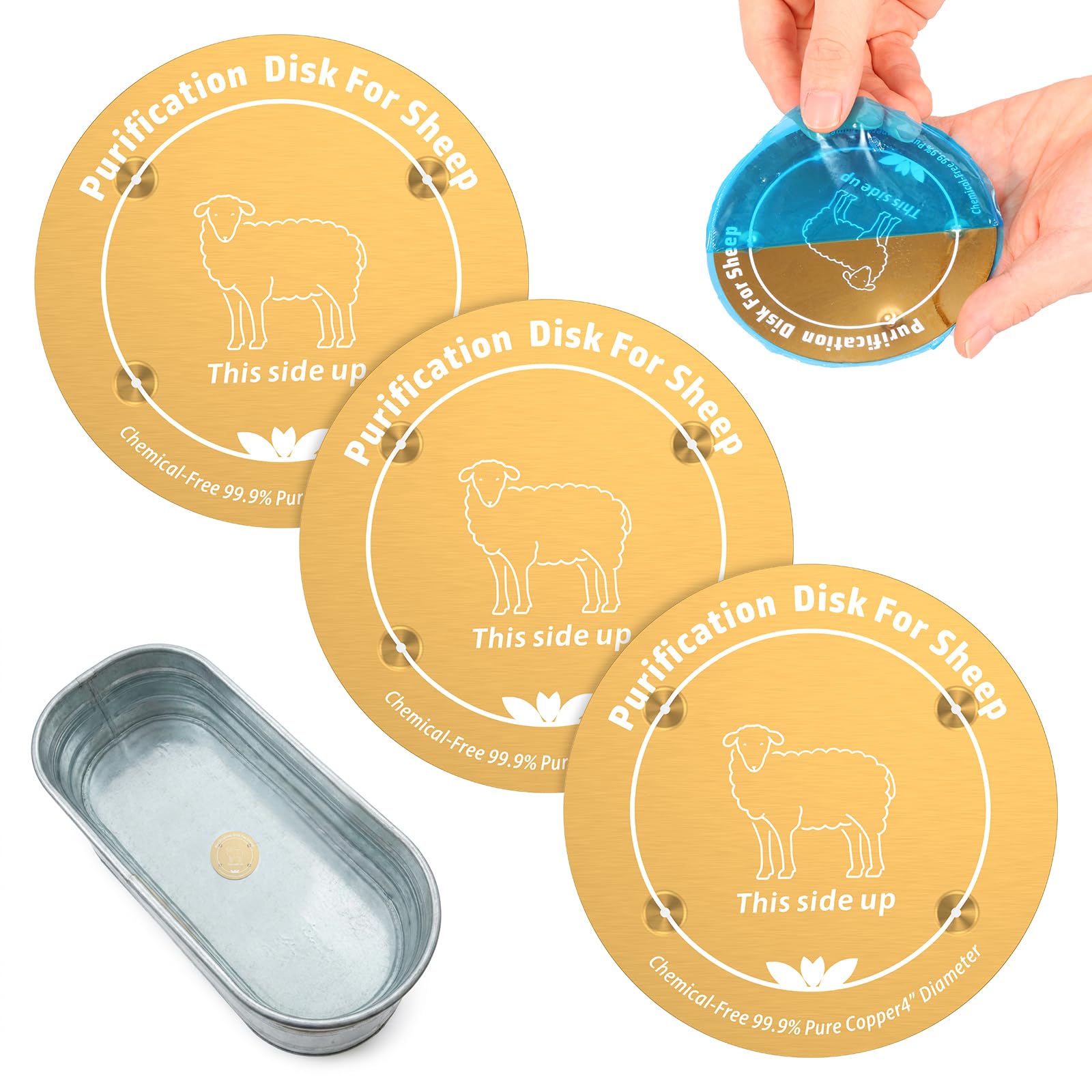Caffney 3 Pack Copper Disk for Animal Water Trough 3.94 inch Diameter 0.03 inch Thick Copper Disc Automatic Animal Water Trough Purification Disk with 4 Point Support Purify All Year Round(sheep)