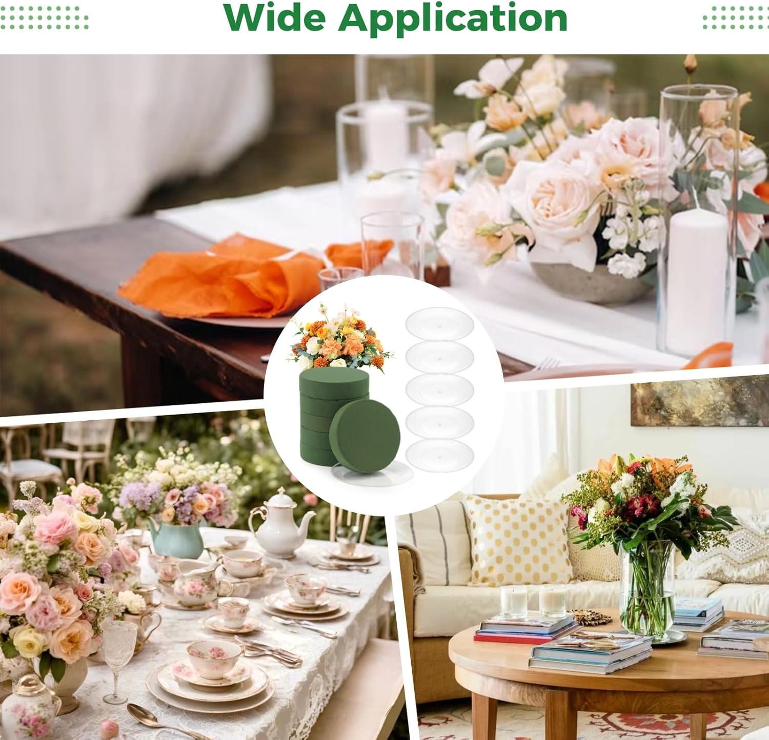 6 Sets Round Wet Floral Foam with Clear Plastic Saucer, 6.5 x 1.6 in Size Green Foam for Flower Arrangements, Centerpiece DIY, Crafts, Wedding & Party