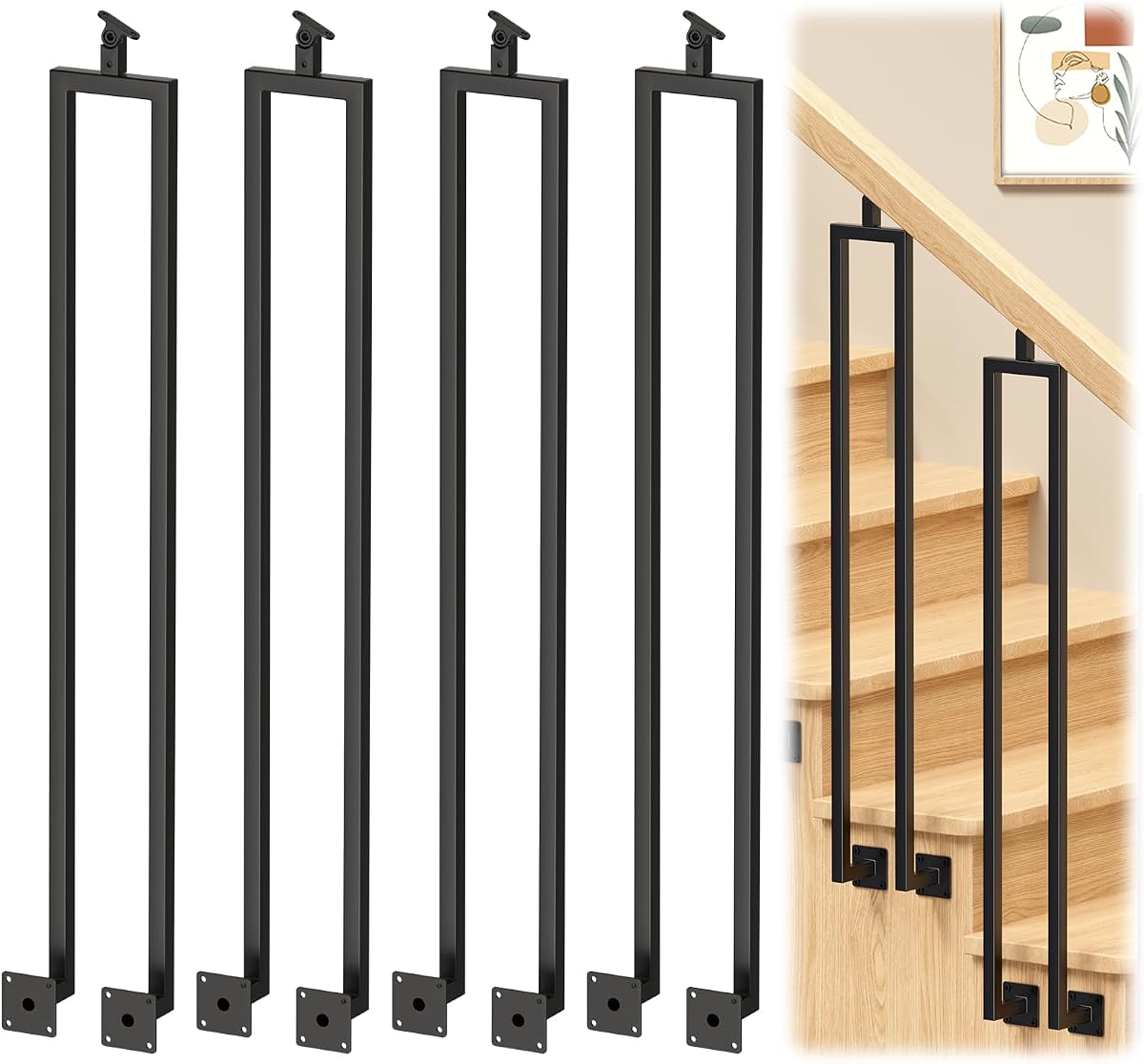 Paquete de 4 balaustres de escalera de 39.6"en forma de U con soporte superior ajustable para el interior de la escalera, balaustres industriales de hierro forjado de montaje lateral para barandilla de escalera Pasarela de la cubierta del porche Escalones al aire libre