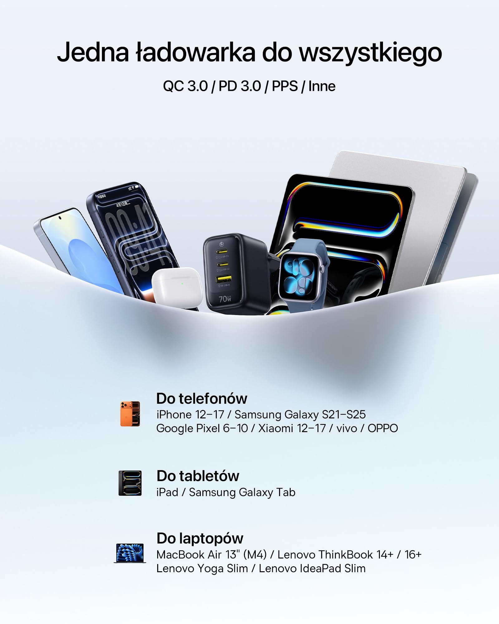Baseus Enerfill Ładowarka USB C 70W, 3-portowa ładowarka GaN6 z szybkim ładowaniem, kompaktowa ładowarka do MacBook Air, iPhone 17/16/15 Pro Max, iPad Pro, Galaxy S25/S24, Pixel, laptopa i innych