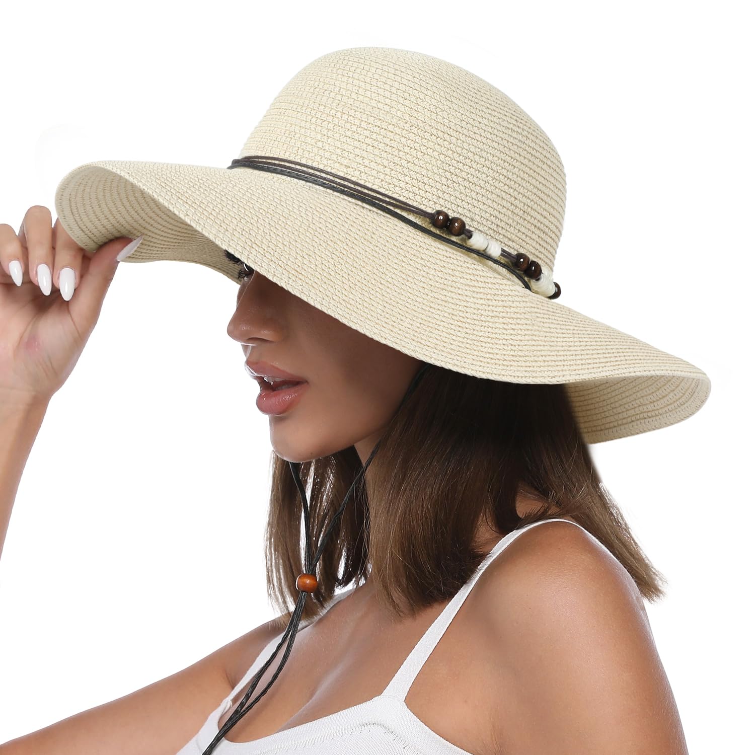 Creekstone Womens Floppy Straw Sun Hat Wide Brim UPF 50 Sun Protection Packable Summer Beach Hats with Wind Lanyard