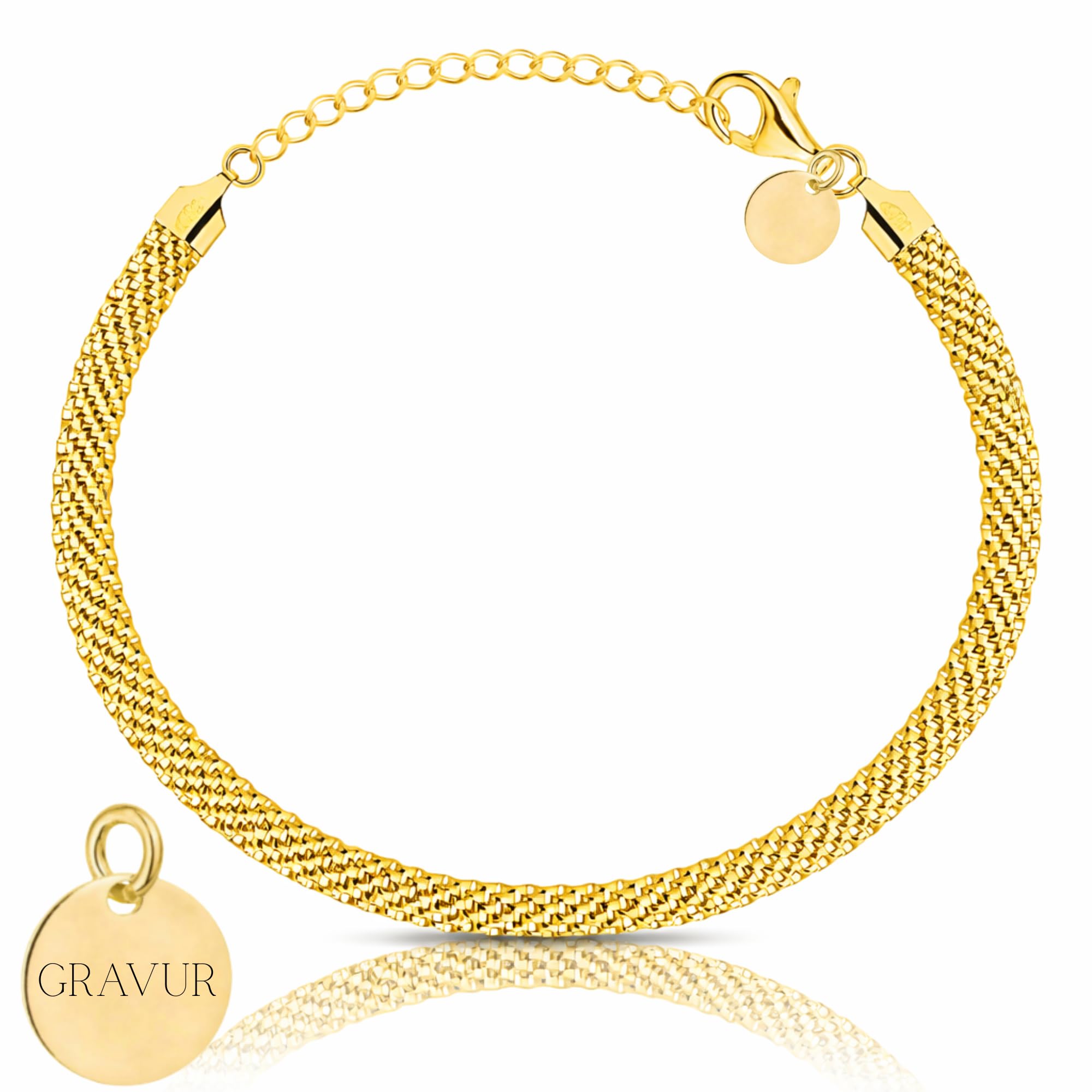 ZELYA Bracciale in argento 925 placcato oro – larghezza 5 mm bracciale da donna oro 585 14 K, 17 – 20 cm a scelta, oro massiccio 925/585, incisione personalizzabile, in confezione regalo