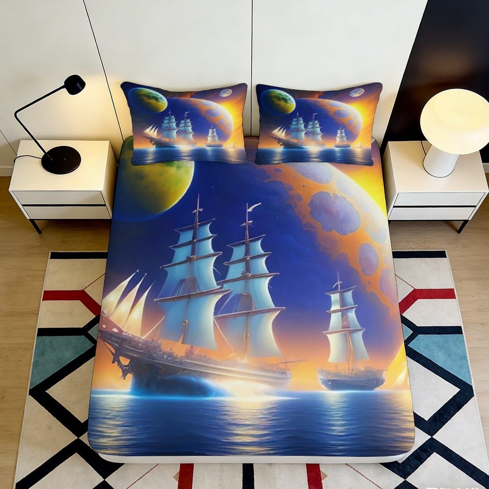 Jqzkxnhpbr Style-4 3D Printed Sailing Ship Ocean Fitted Sheet Microfiber Soft Blue Planet Bed Cover For Bedroom Dorm Decor 90X200x25cm