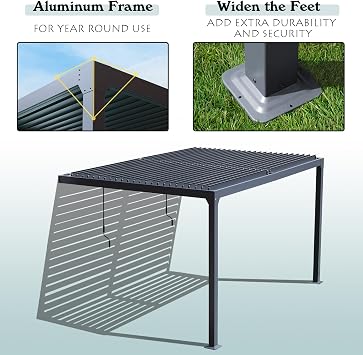 BPS 13 x 10 ft. Outdoor Aluminum Wall Mounted Louvered Pergola Waterproof Gazebo Sun Shade Shelter with 2 Adjustable Rainproof Panels for Patio, Garden, Backyard Lawn & Garden - Dark Gray