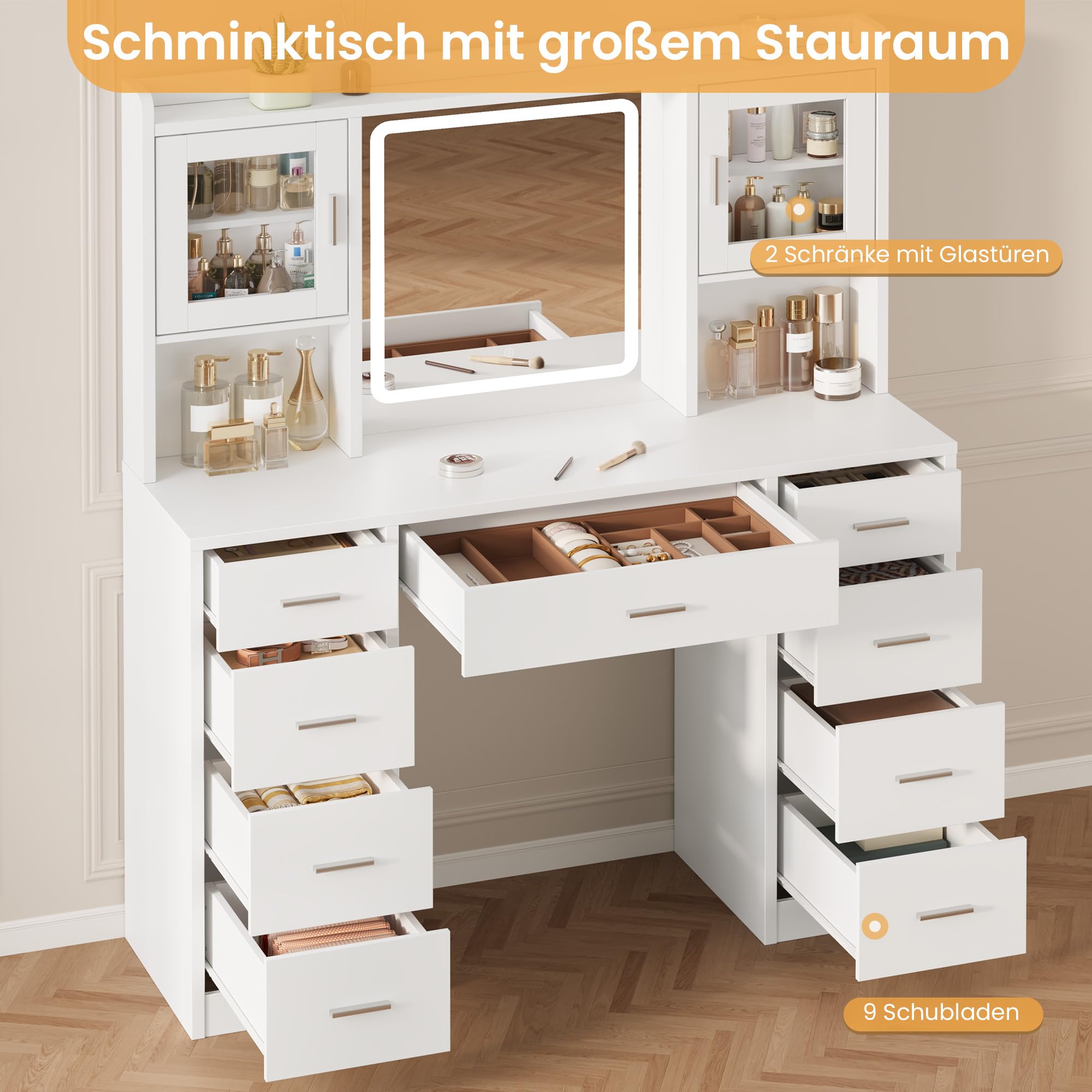 Große Schminktisch mit LED-Beleuchtung, 3 Farben, Helligkeitsregulierung, Schminktisch mit Spiegel, 9 Schubladen,2 Schränken, Moderner Stil, Weiß