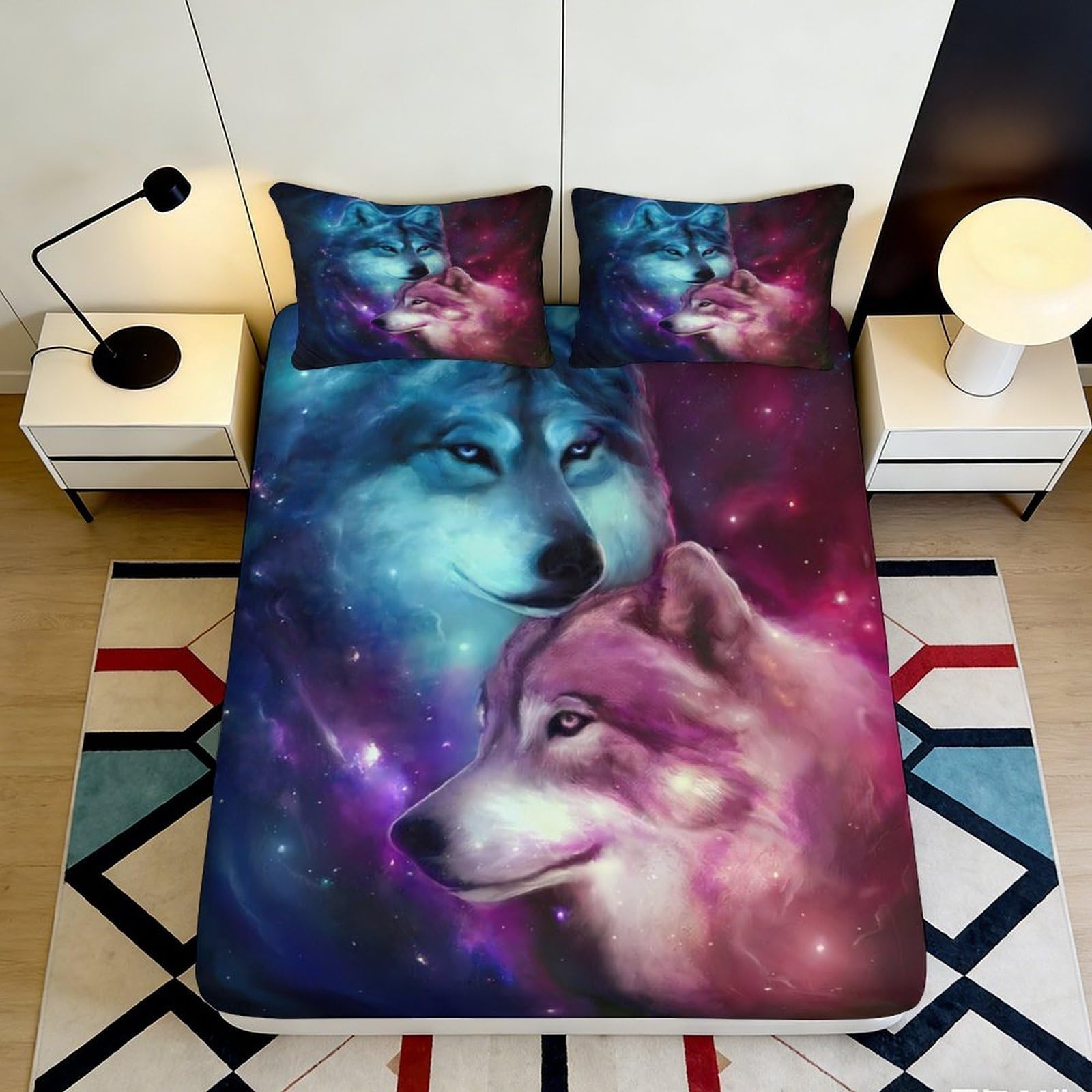 3D Printed Galaxy Wolf Fitted Sheet Microfiber Soft Decorative Cosmic Nebula Mattress Cover for Bedroom Guest Room 90x200x25cm