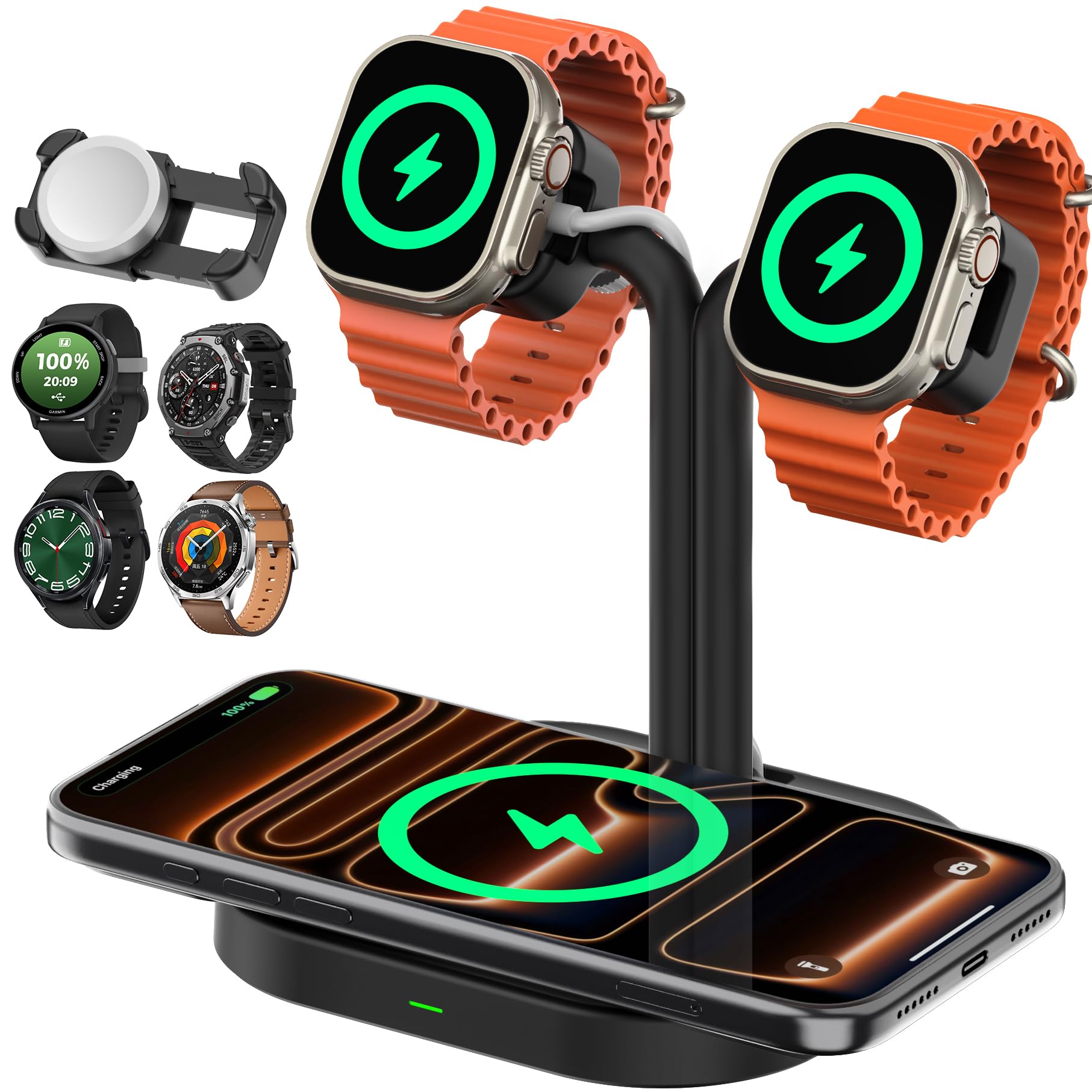 Base de carga universal dual para reloj, estación de carga inalámbrica ajustable 3 en 1, para Samsung/Google/Amazfit/Fitpolo/GRV/AGPTEK/Fire-Boltt (A22SW-negro)