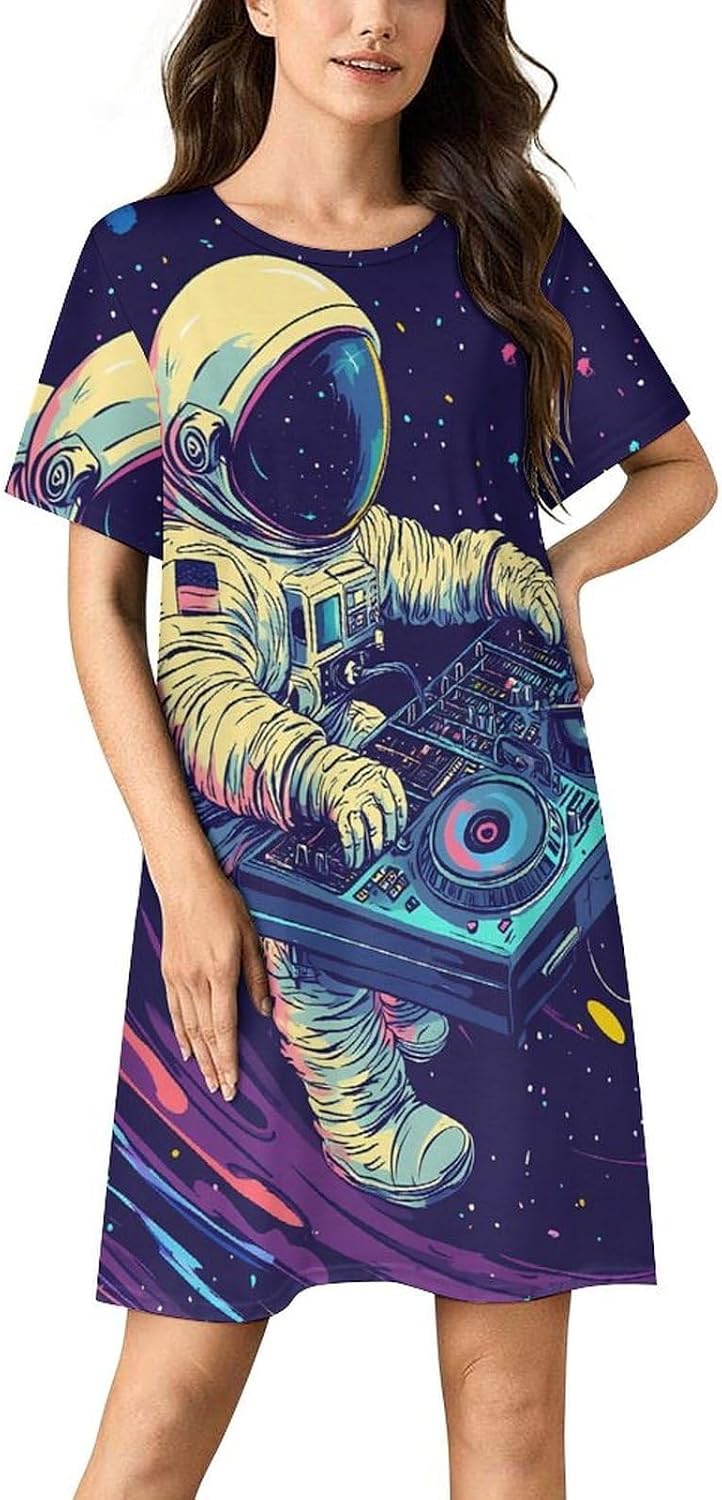 Astronaut DJ Rock Women's Nightgowns Short Sleeve Night Shirts Sleepwear Soft Sleep Dress Pajamas