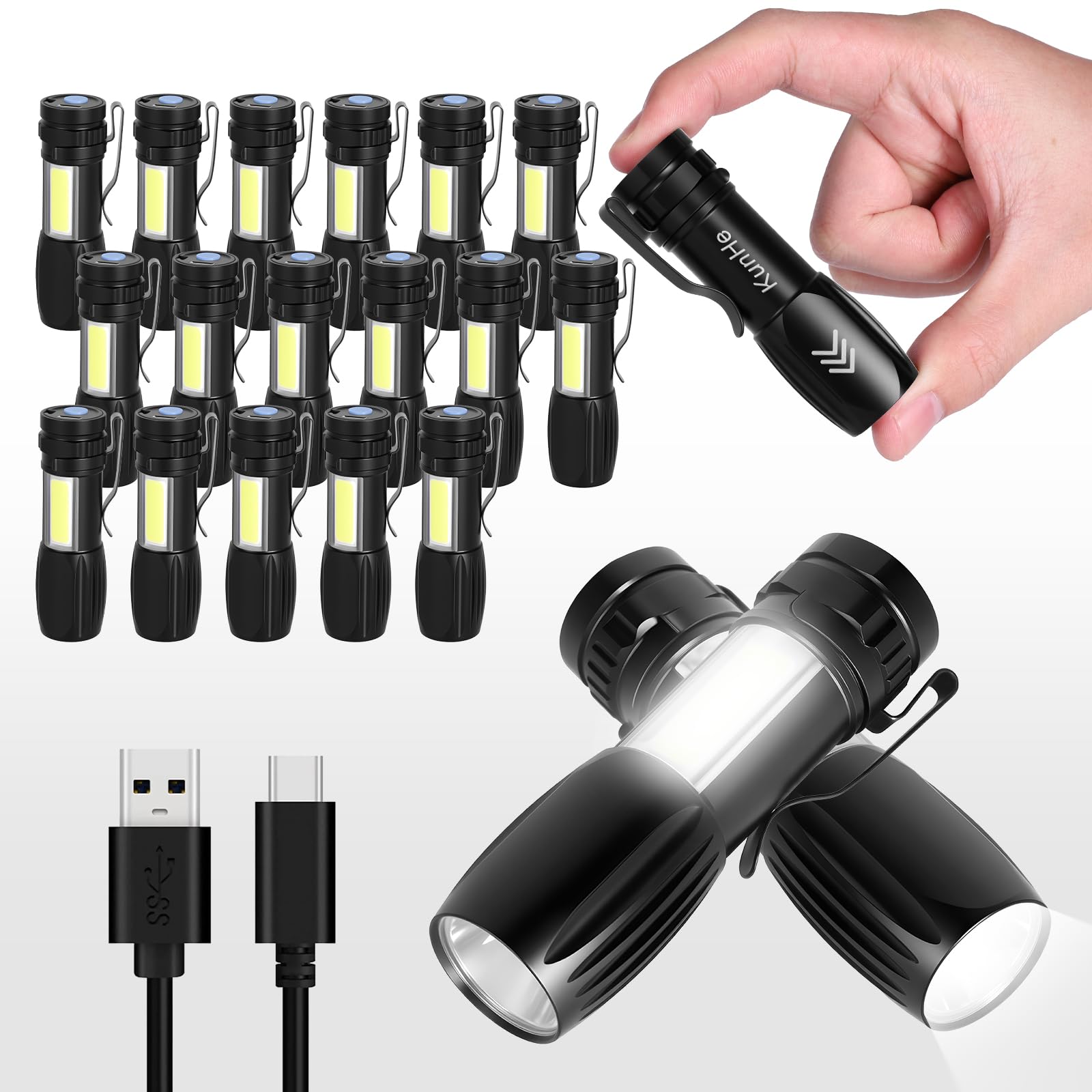 KunHe 20 Pack Small Rechargeable Torch Mini LED Torch Bright Clip-On Light EDC Torch with Side COB Light for Camping Home Emergency