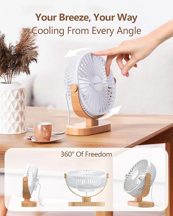 SWEETFULL Small USB Desk Fan 6.5 Inch, 3 Speeds Portable Personal Desktop Table Fan, Dual 360° Adjustment Mini Fan, Quiet Operation, for Home Office Car Outdoor Travel (White wood grain) by SWEETFULL - Image 5