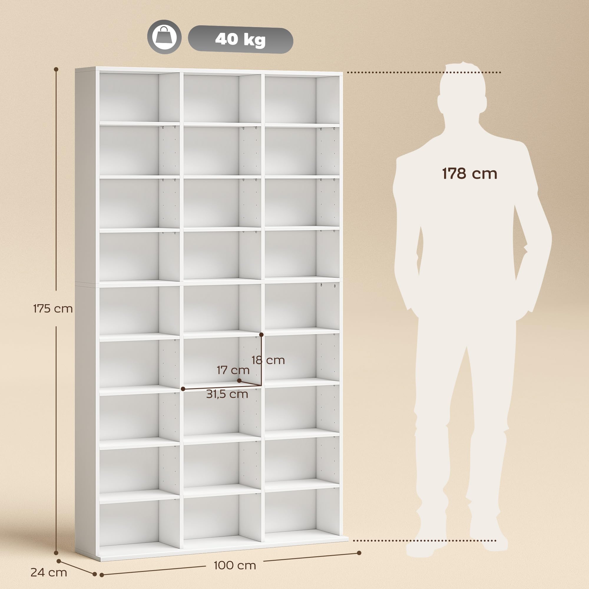HOMCOM CD/DVD-Regal für 835 CDs oder 500 DVDs, Blu-ray Medienregal, Weiß | Mit 27 Fächern, 21 Verstellbaren Einlegeböden, CD Turm, für Wohn-, Schlaf- oder Arbeitszimmer