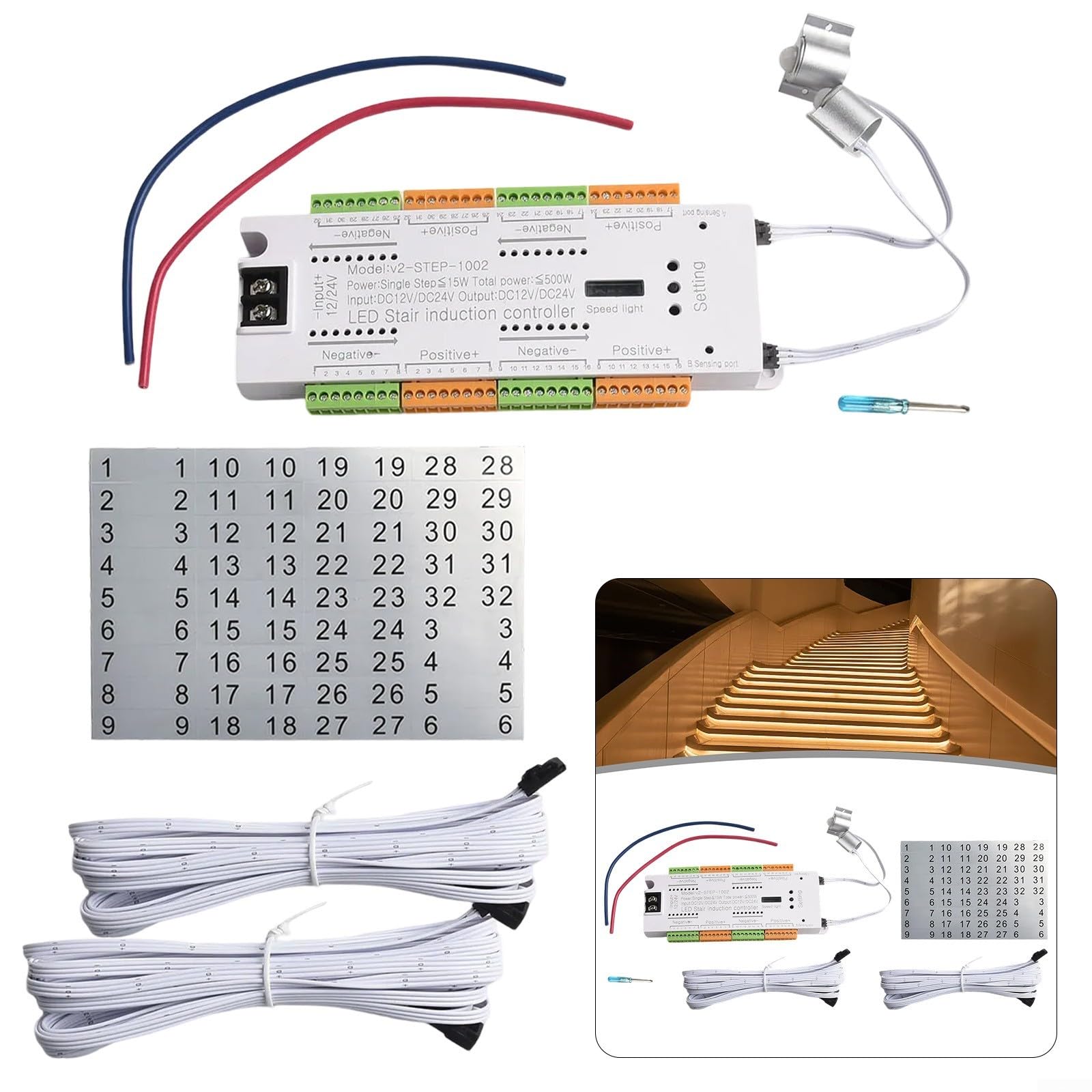 Sensore di movimento a 32 canali, regolatore di luce per scale, DC12V-24V, sistema automatico di illuminazione a LED con 2 sensori PIR, per casa, corridoio, scala fino a 32 gradini (set di