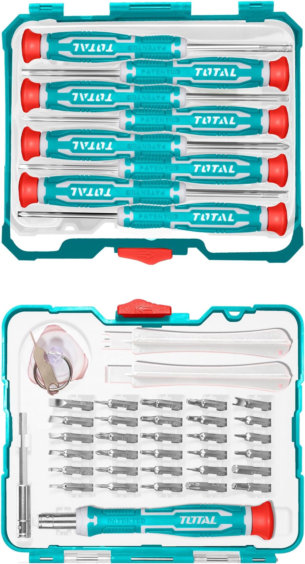 TOTAL 45 Piece Precision Screwdriver and Bits Set with Storage Case, CR-V Steel, Multiple Bit Types Including Slotted, Phillips, Torx, Hex, Pentalobe, with Sucker and Pry Tools