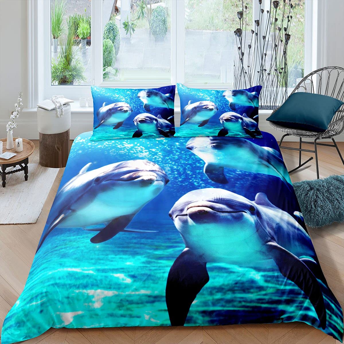 Set di lenzuola con delfini saltellanti Loussiesd per ragazzi e ragazze, set di biancheria da letto con simpatici animali marini, lenzuola con creature marine, misura King Size
