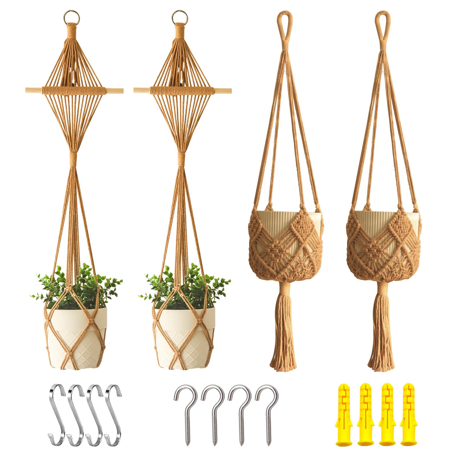 XINBOR 4 Pack Macrame Plant Hangers Indoor Up to 10 inch Pot, Boho Hanging Planters, Plant Holder with 8Pcs Stainless Steel Hooks
