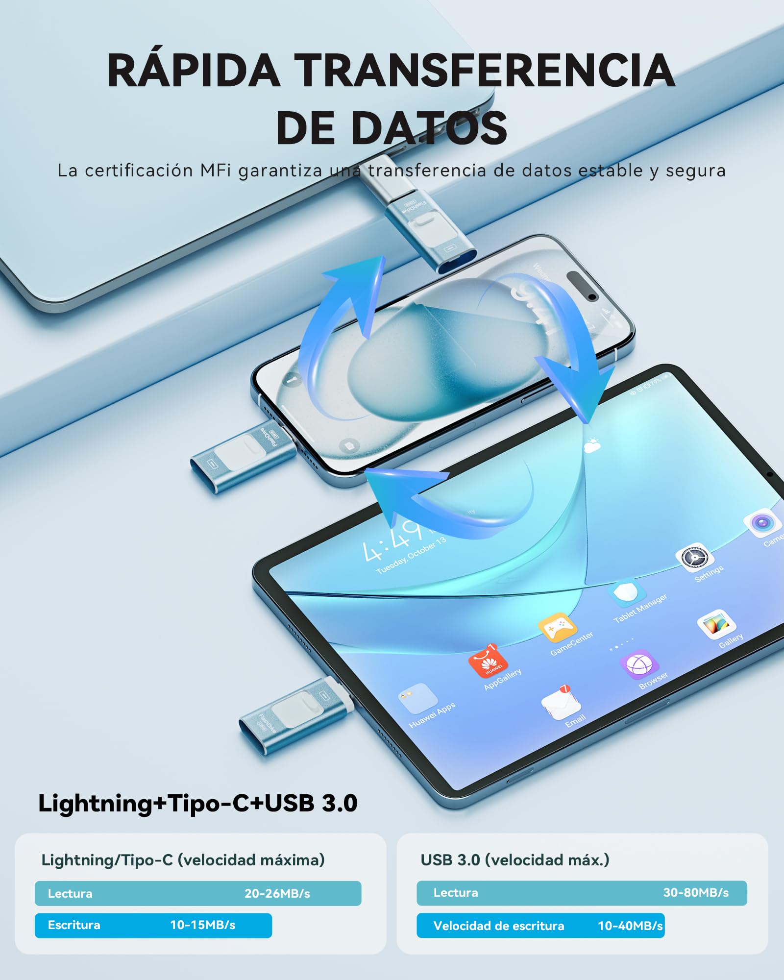 ROSPE MFi Pendrive 256GB para iPhone, Memoria USB Externa para iPhone, Pendrive USB C Lightning Compatible con Phone/iPad, Android y PC, USB 3.0 para Respaldo de Fotos, Videos y Datos de Móvil, Azul