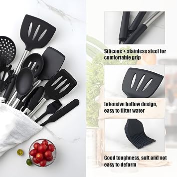 Silicone Kitchen Utensil Set-15-Piece Stainless Steel Cooking Tool Kit with Holder, Spatula, Ladle, Pasta Server, Tongs, Whisk & More, Non-stick Heat Resistant, BPA Free, Dishwasher Safe, Black