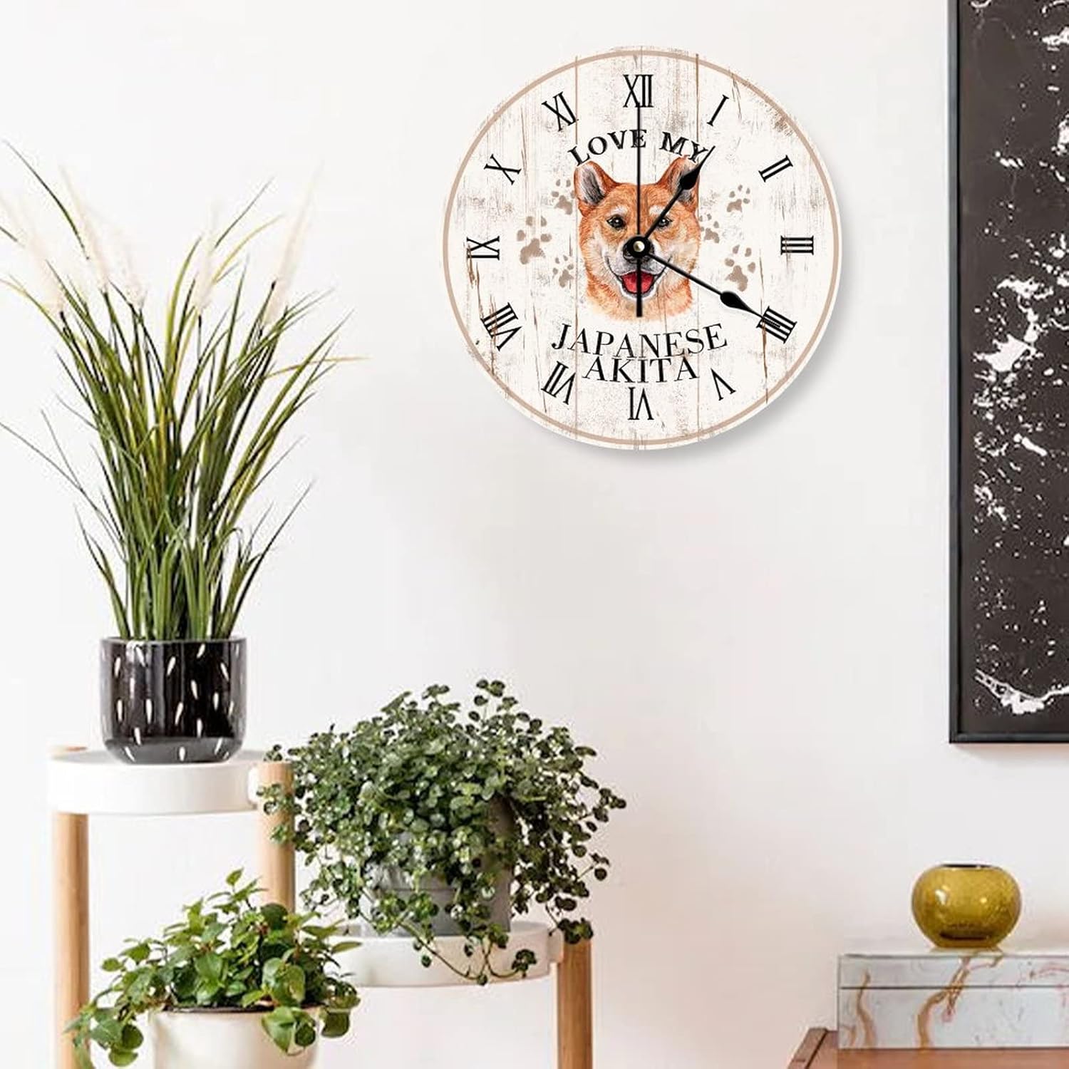 Japanese Akita Roman Numeral Wall Clock Wooden Love My Dog Silent No Ticking Wall Clocks for Kitchen Bedroom Office Indoor Home Decor,12 X 12 Inch