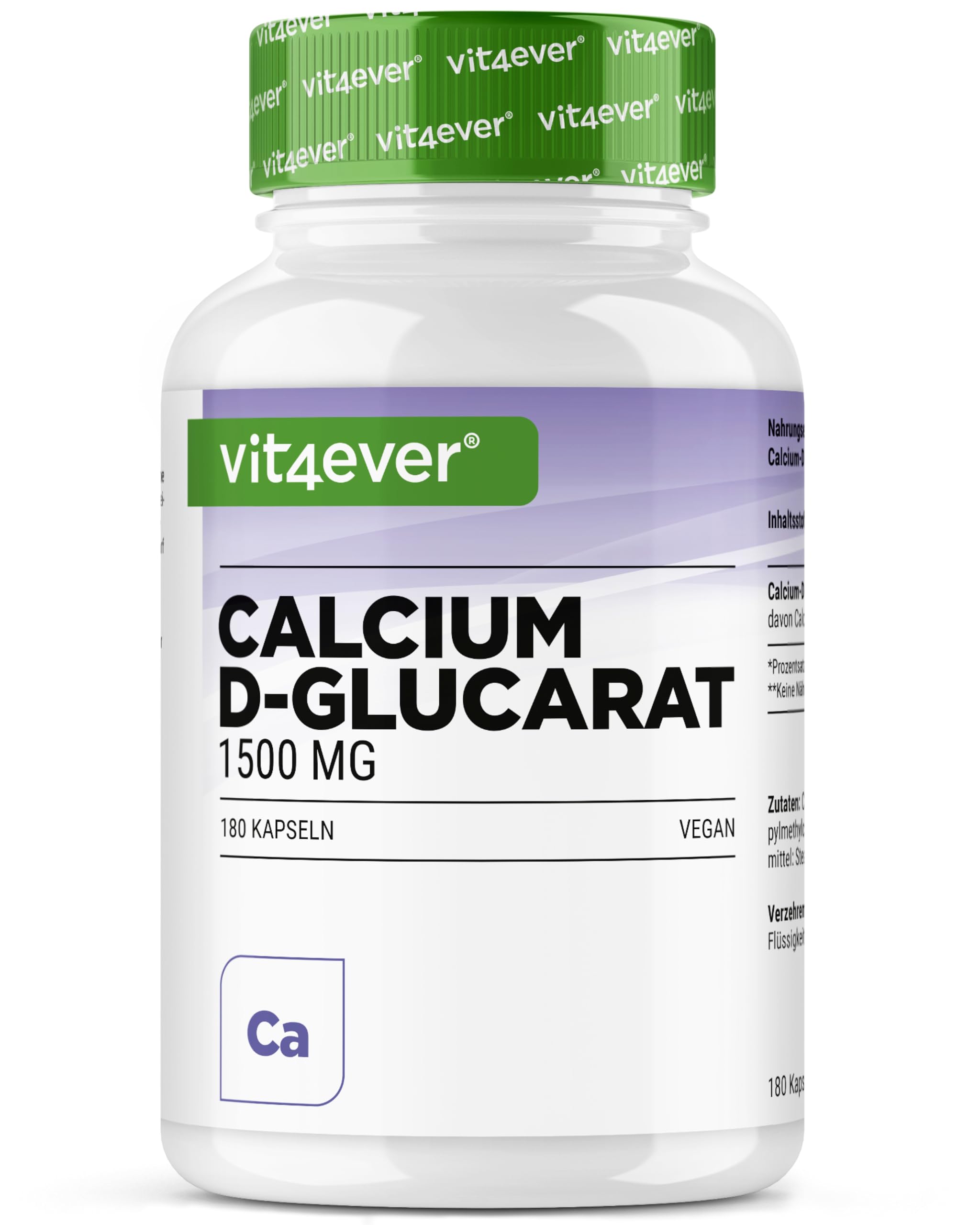 vit4ever Calcium-D-Glucarat 1500 mg – 180 Kapseln – hochdosiert – D-Glucarsäure Calciumsalz – 222 mg Calcium (28% NRV) – vegan & ohne unnötige Zusätze