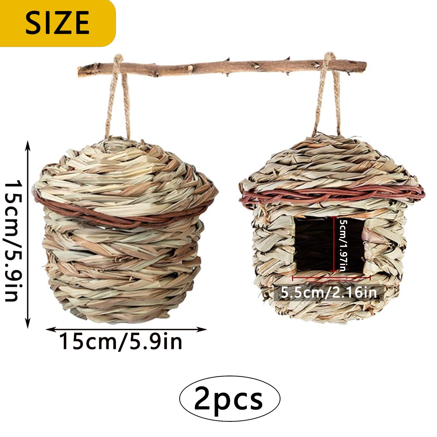 2 Piezas Nidos de Pájaros, Nido de pájaro Colgante, Nido Pajaros Exterior Colgante, Casa de Pajaros Exterior, Tejidas a Mano Hierba Nidos para Pajaros, para Pájaros Pequeños Como Colibrí (15x15 cm) — view 2