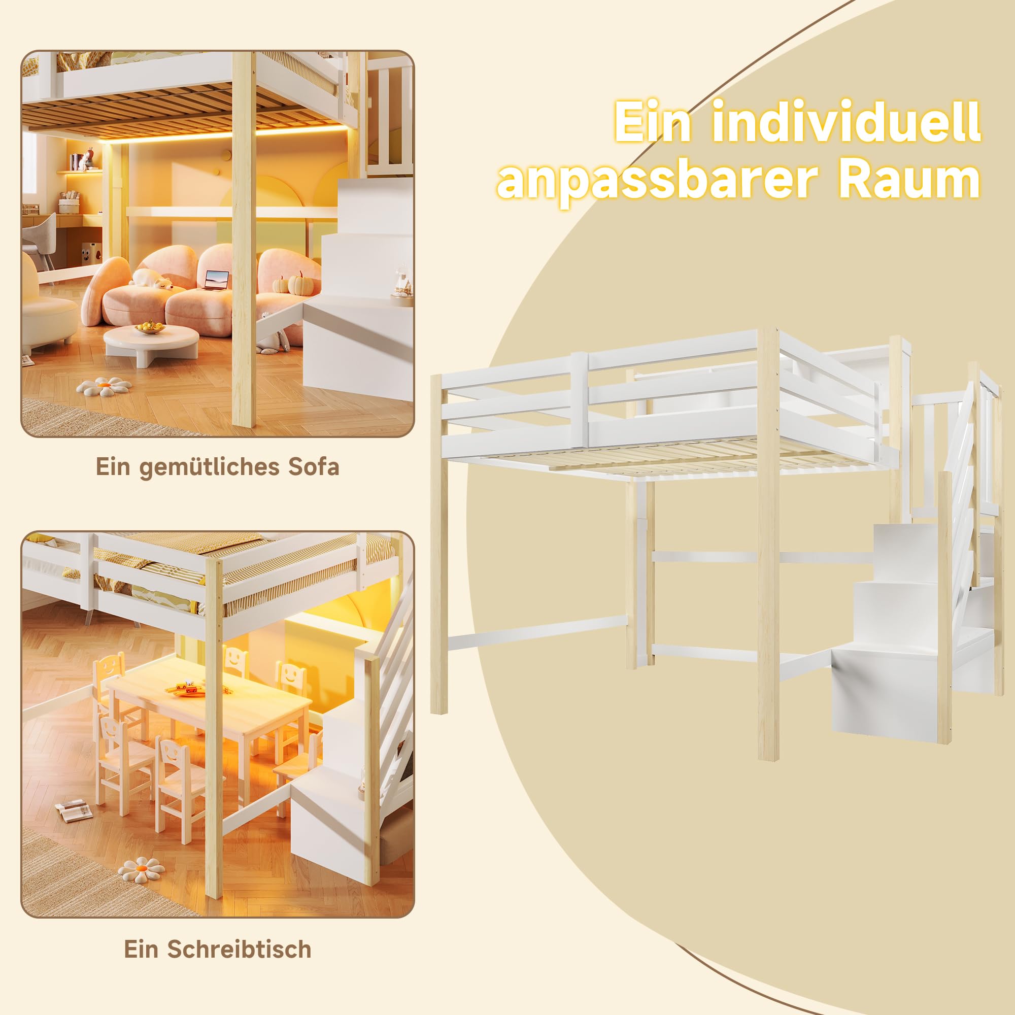 BTM Holz Hochbett 140x200 mit Stauraum und LED-Leuchten Kinderhochbett mit Rausfallschutz, Treppe Weiß+Natur