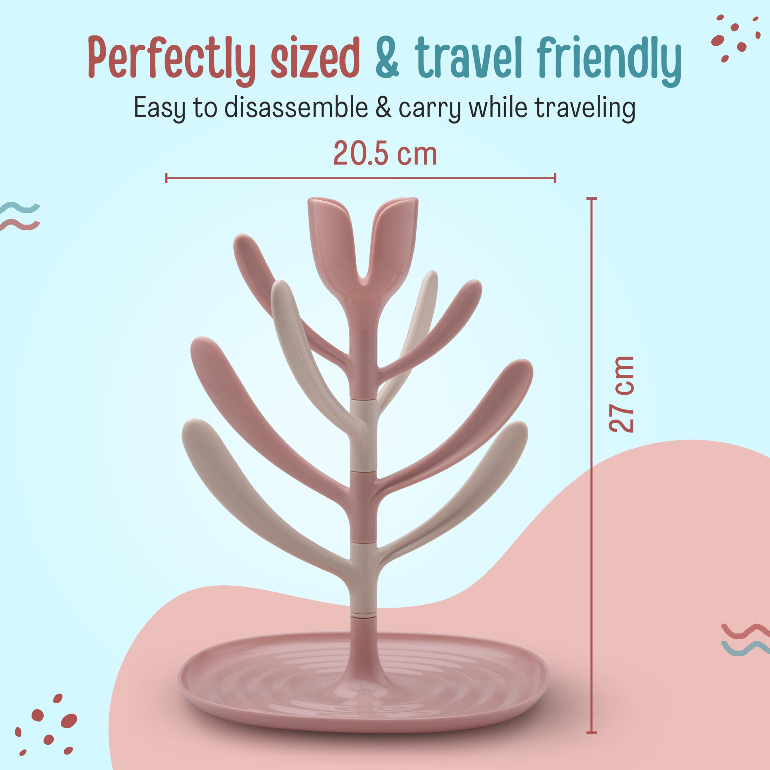 LuvLap Baby Bottle Drying Rack, 360° rotatable, high capacity, compact, space saving, portable bottle dryer with nipple holder, Suitable for sipper cups, breast pump parts & feeding accessories (Pink)