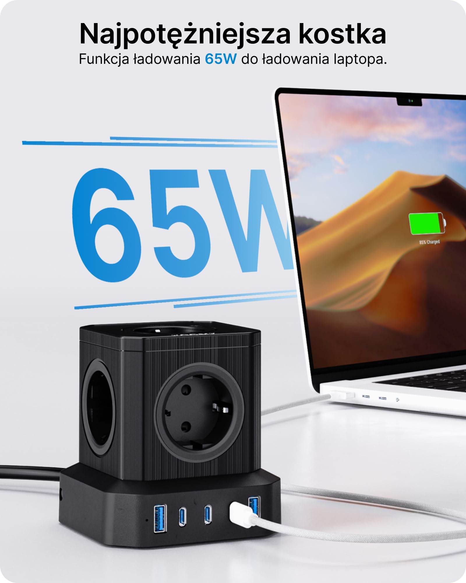 VOOMY Listwa zasilająca USB do szybkiego ładowania, 65 W, 10 gniazd z przełącznikiem, do rodziny, kuchni i biura z 3 portami USB-C i 2 USB-A 2 m, 4000 W, czarna