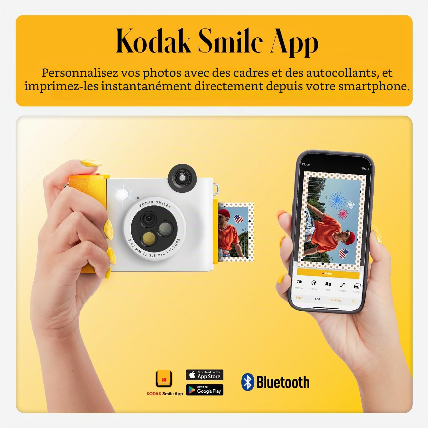 KODAK Smile+ 2 in 1 Appareil Photo numérique instantané et imprimante Photo sans Fil Bluetooth, 2x3 (5,1x7,5 cm), 10 MP, Objectif Rotatif à Effets spéciaux, Photos à Dos adhésif, Blanc