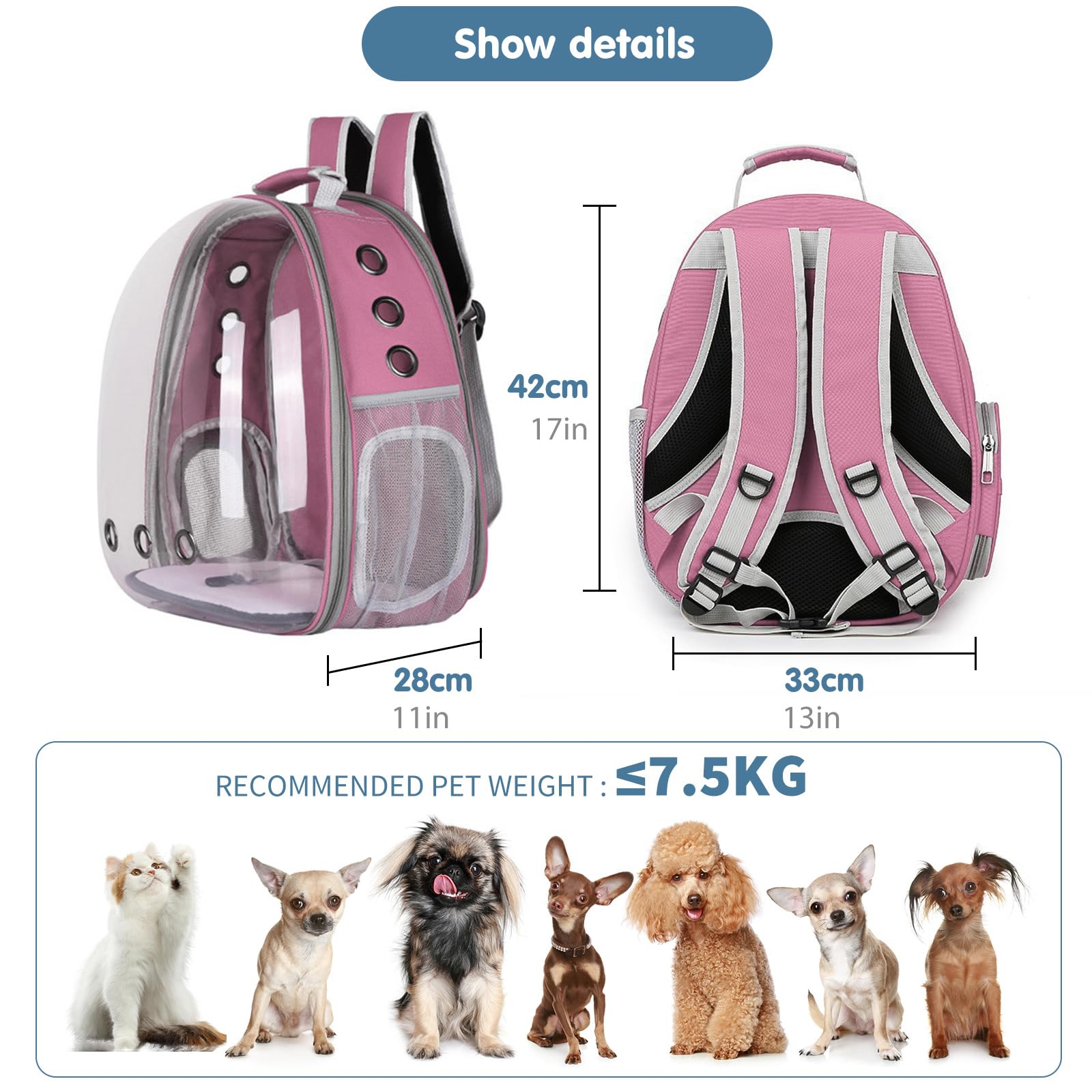 PETCUTE Katzenrucksack Raumkapsel,Tragbar Haustier-Rucksack für kleine Katzen, Welpen, Hunde, Hase,Atmungsaktiv transparenter Hunderucksack,für Reisen, Spaziergänge und Wandern,Rosa