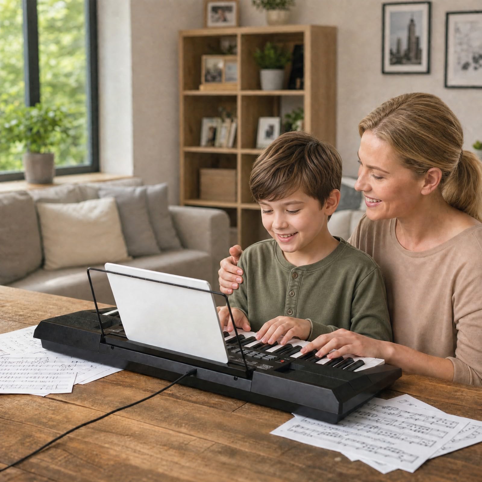 KOMFOTTEU Pianoforte Digitale 54 Tasti, con 200 Ritmi, 200 Suoni e 60 Demo | Tastiera Elettronica con Microfono e Leggio, Pianola Doppia Portatile e Leggera, per Bambini, Adolescenti e Adulti, Nero