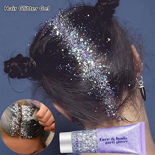 Miniatura 5 de Go Ho Juego de purpurina corporal plateada y blanca, maquillaje de gel con purpurina para conciertos de cantante, brillo holográfico de lentejuelas