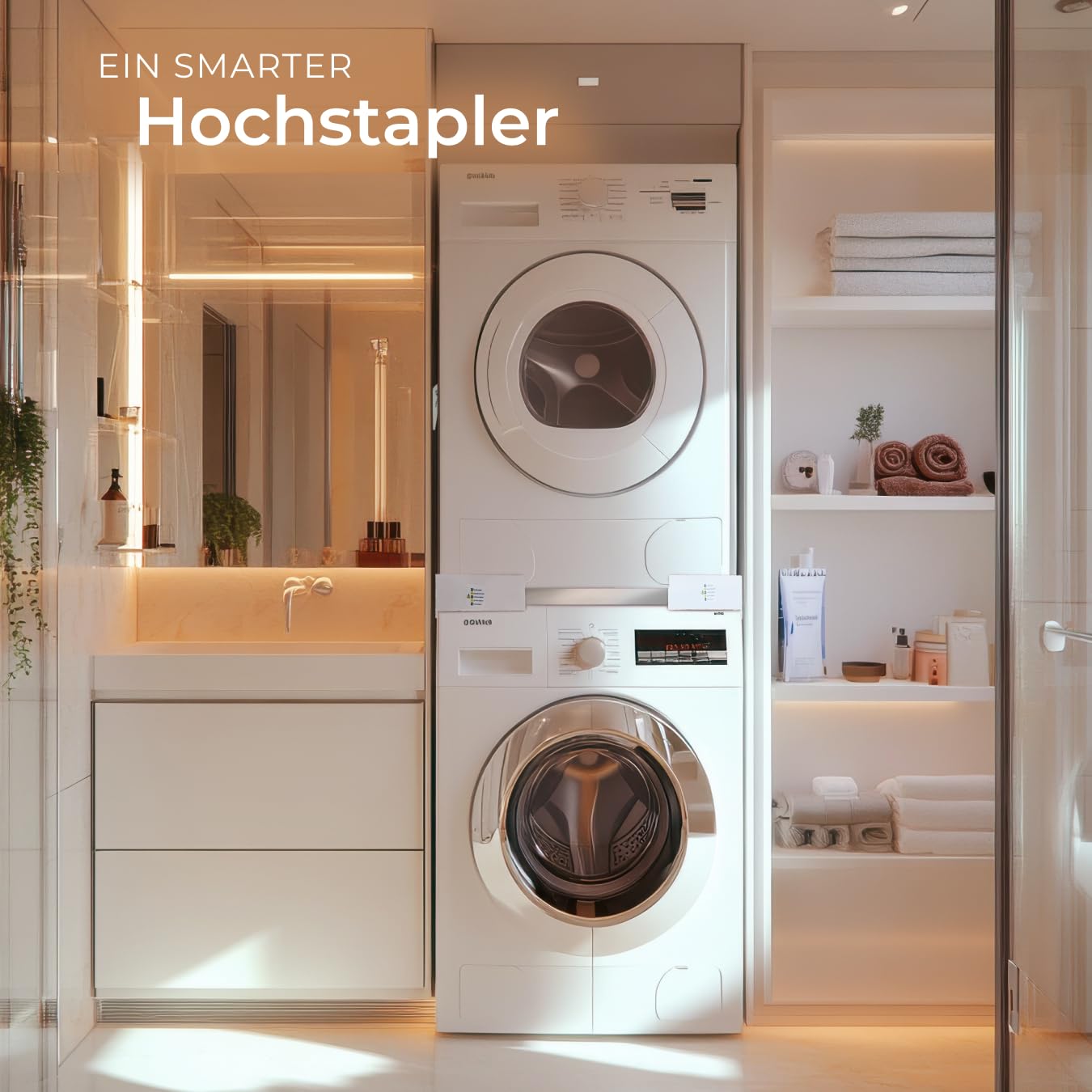tectake® Verbindungsrahmen für Waschturm aus Waschmaschine und Trockner, 46–66 cm, Universal-Stapelbausatz mit Ratschenseil, Waschmaschine Trockner Verbindung, Zwischenbaurahmen Trockner Waschmaschine