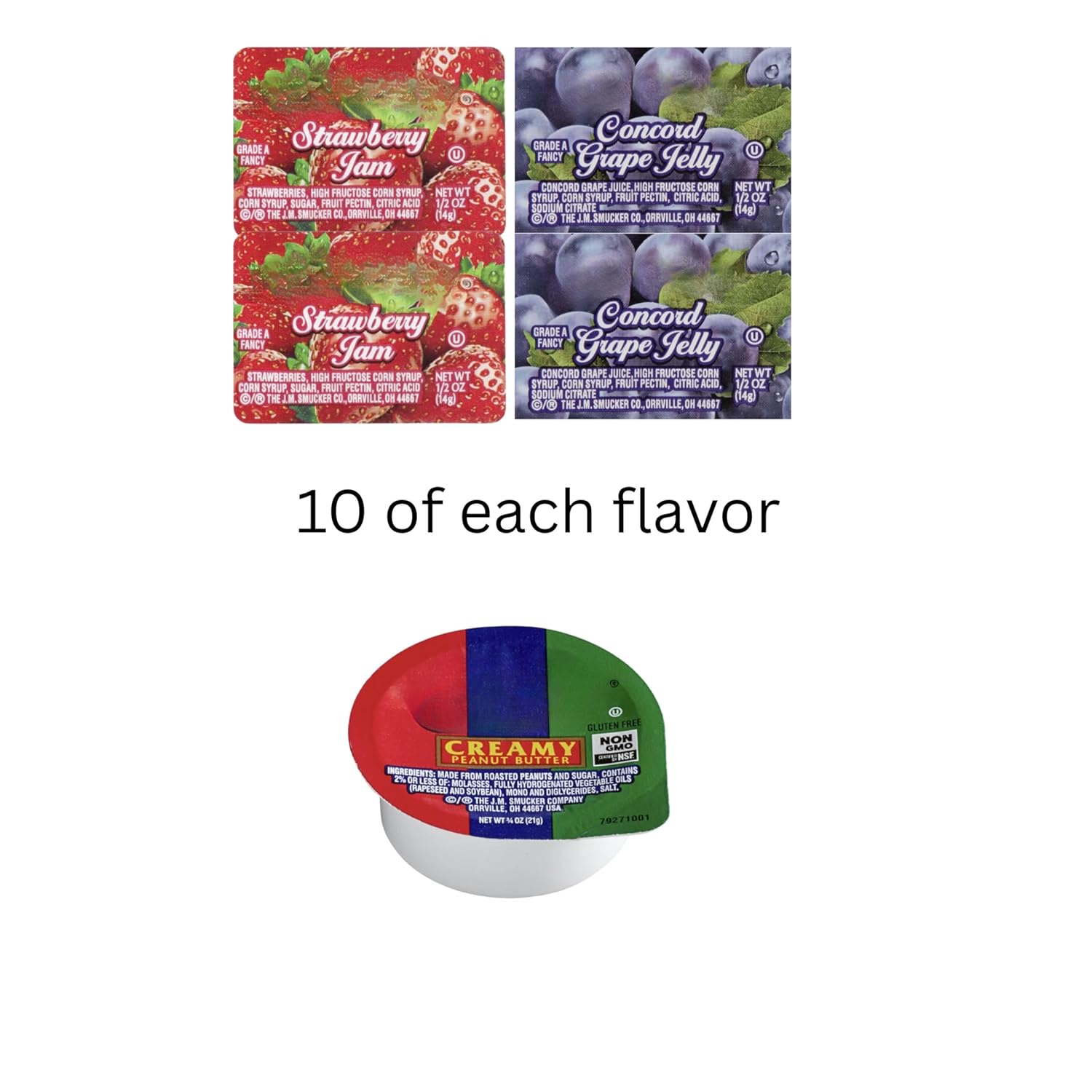 Pack of 30 Single-Serve PB&J Cups – 10 Grape Jelly, 10 Strawberry Jam, 10 Creamy Peanut Butter – Variety Snack Pack for School Lunches, Travel & Camping