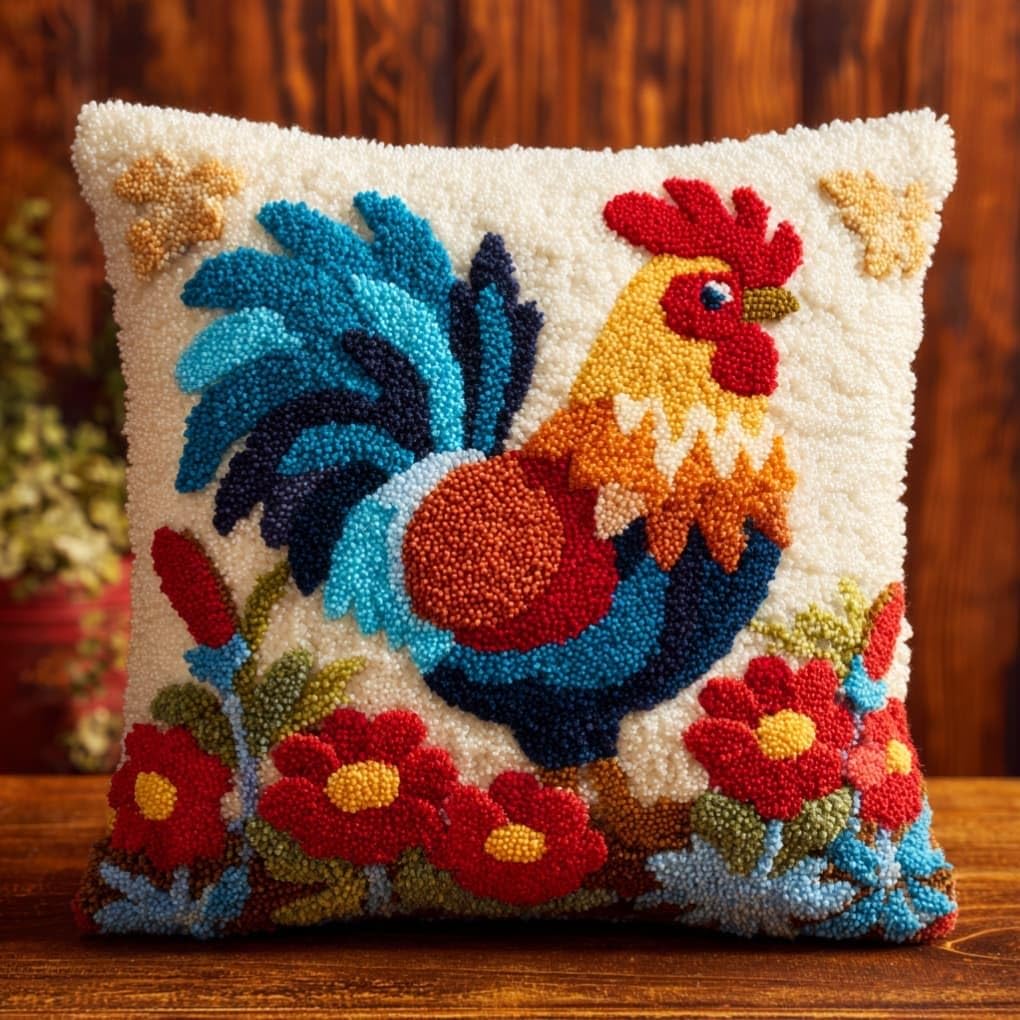 Taxpy Latch Hook Cushion Kits Rooster Pillowcase Kits Embroidery Kit 17X17 Inch DIY Needlework Pillow Cover Sofa Cushion Rug Making