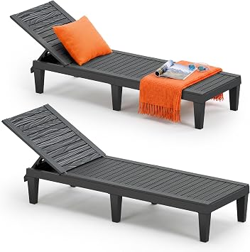 Outdoor Lounge Chair Set of 2, 5-Positions Adjustable Patio Chaise Lounges, Waterproof Tanning Chairs for Poolside, Backyard, Scratch-Resistant & Easy to Clean Black Striped, Set of 2
