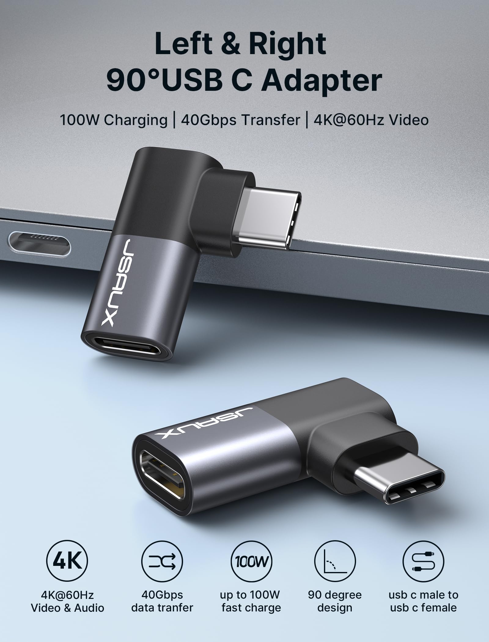 JSAUX Adapter USB C męski na USB C, żeński, 2-pak, transfer danych 40 Gb/s, PD 100 W, przedłużacz USB typu C 3.1, kompatybilny z MacBookiem, Steam Deck, ROG Ally, Switch, VR, iPhone 16/15, Samsung