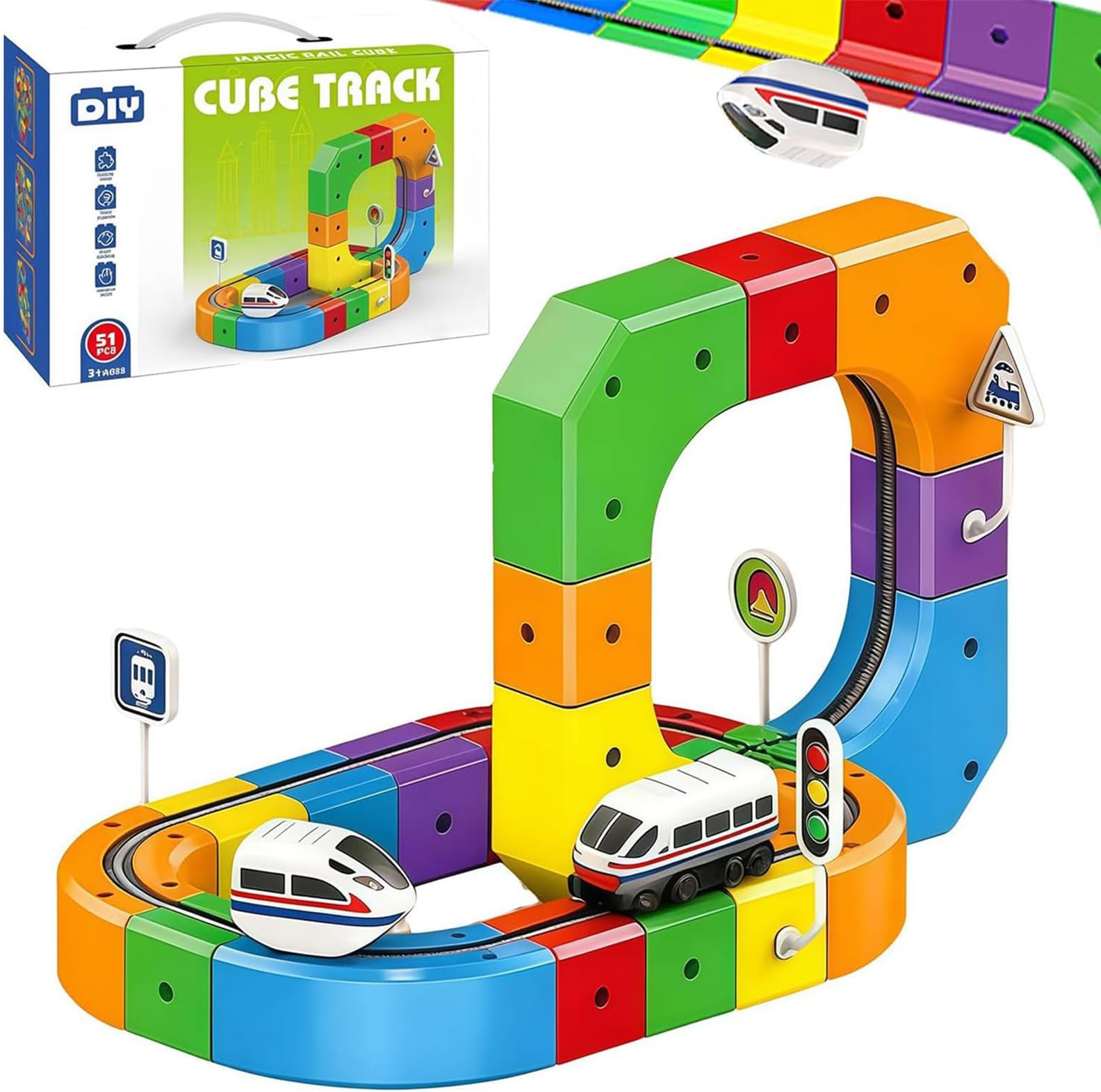 Clickrail Electric Train Set, Track Fusion Train Toy, Magic Rail Cube Train Set, with Gravity-Defying Motorized Train, DIY Cube Track, Flexible Race 3D Building Tracks (51pcs)