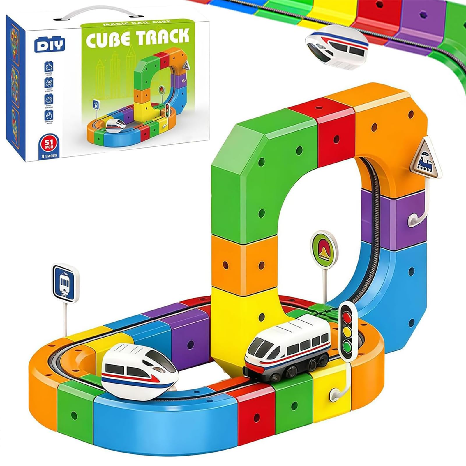 Clickrail Electric Train Set, Track Fusion Train Toy, Magic Rail Cube Train Set, with Gravity-Defying Motorized Train, DIY Cube Track, Flexible Race 3D Building Tracks (51 pcs)