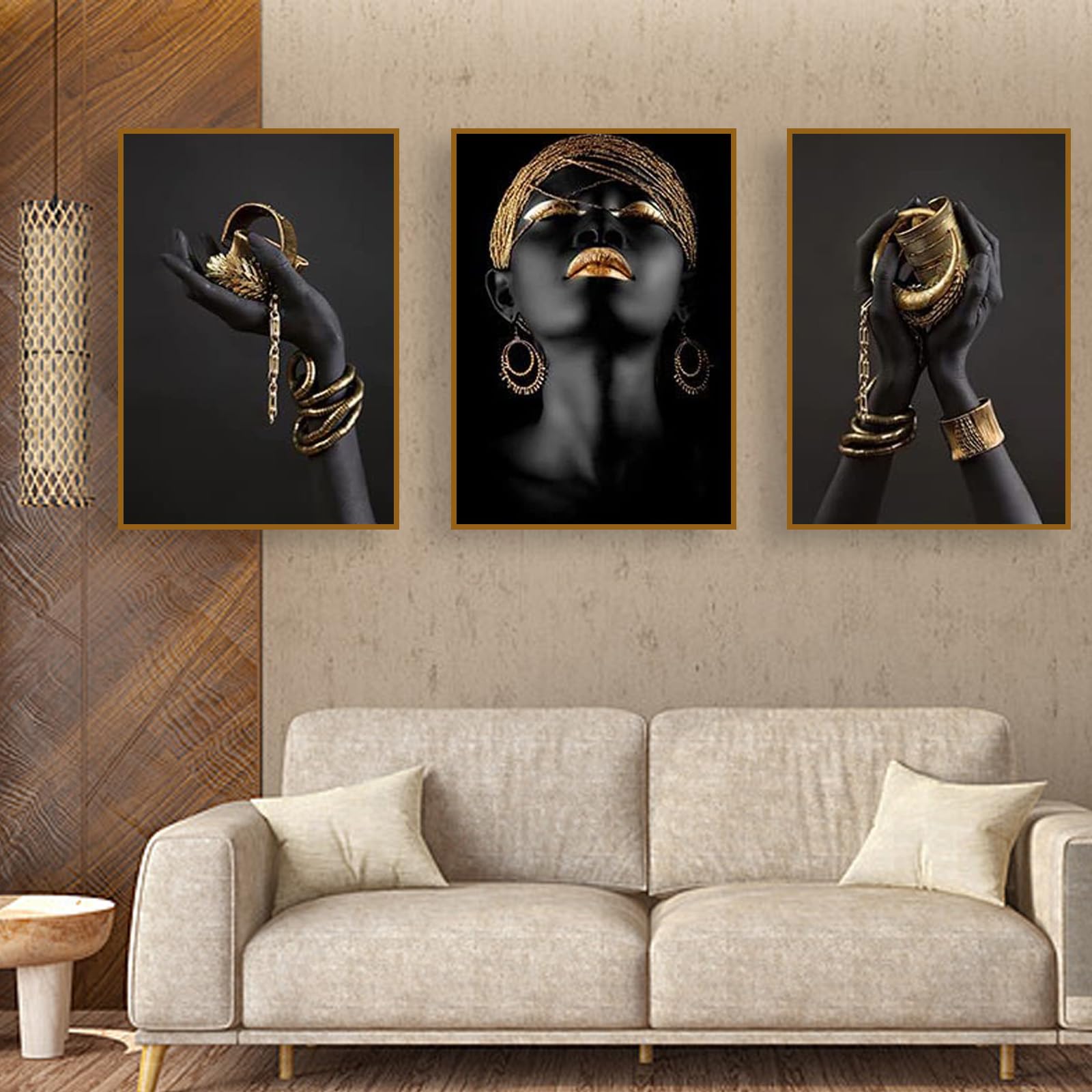 UGZDEA African Woman Canvas Pictures, Set of 3, Gold Collection, Black Women's Poster, Modern Decoration Poster, No Framed(3x60x80cm,A) โ image 1