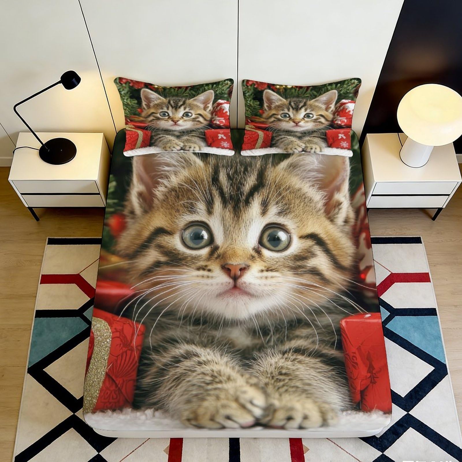 3D Printed Cute Tabby Cat Fitted Sheet Microfiber Soft Animal Kitten Bed Cover for Bedroom Dorm Mattress Decor 90x200x25cm