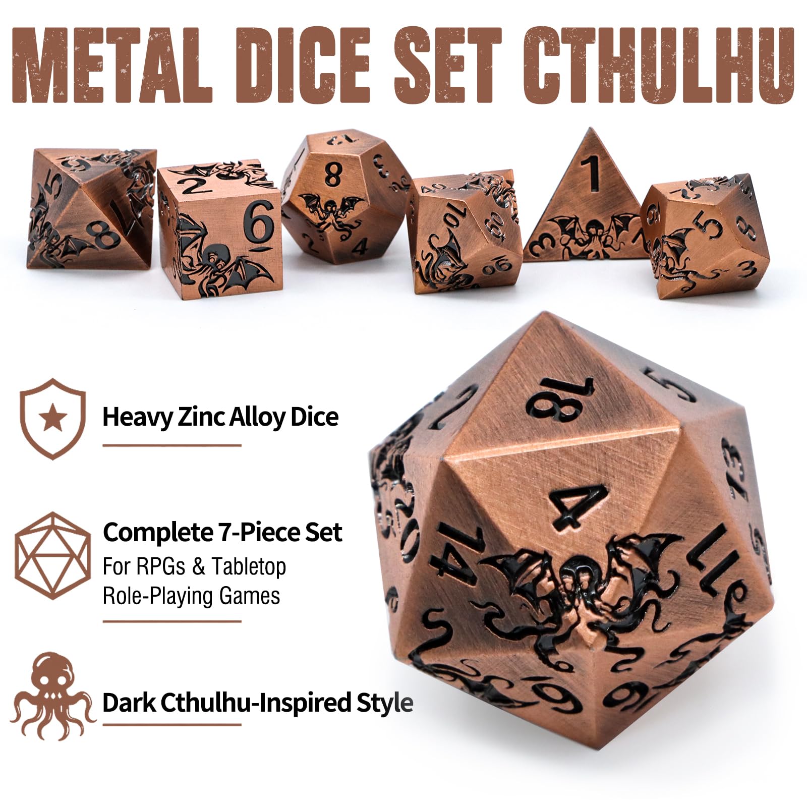 Juego de dados de metal – Diseño Pulpo,7 piezas D4 D6 D8 D10 D12 D20 D00,Dados poliédricos Premium para RPG y juegos de mesa, caja de regalo magnética (bronce antiguo)